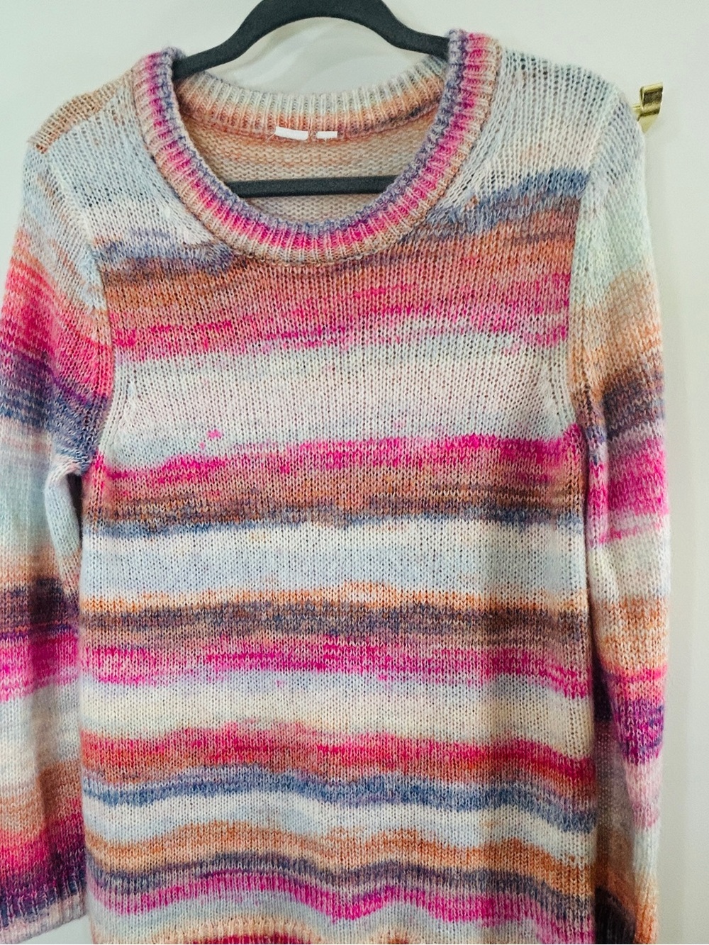 Striped Multicolor Crewneck Women's Sweater - Pink, Blue & Cream